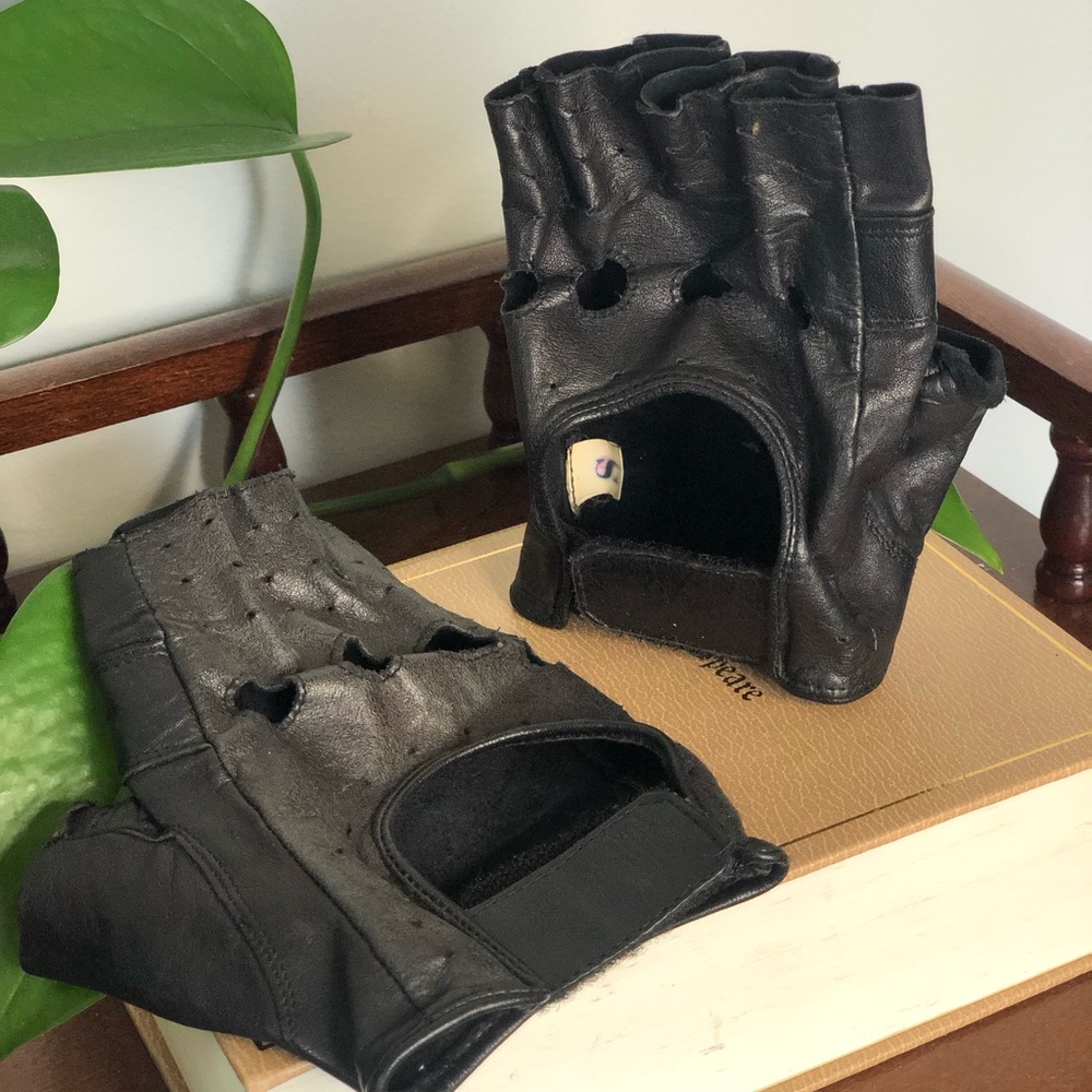 Vintage Genuine Leather Fingerless Biker Gloves - Size Small